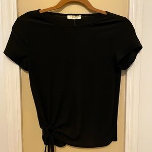 XS black short sleeve top with cute tie at bottom!